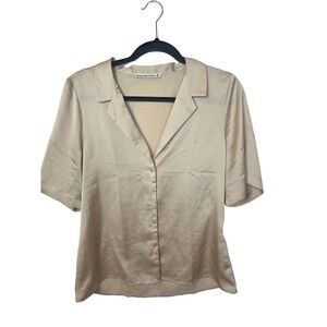 Abercrombie & Fitch Women Medium Champagne Satin Short Sleeve Button Up Blouse